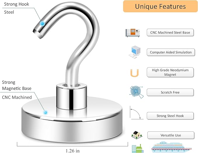 Neosmuk Magnetic Hooks, Heavy Duty 40lb Strong Magnet Hook for Cruise Cabins, Cruise Ship Essentials for Hanging, Metal Wall Refrigerator Hangers (Silver White, 10 Pack)
