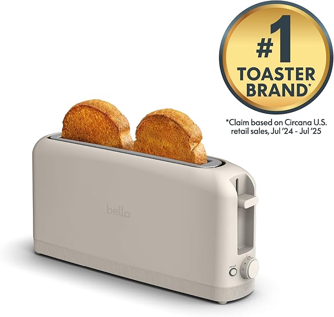 bella 2スライス スリムトースター、どんな場所にもフィットするキッチン用品、再加熱・取り消しボタン付き6段階焼き色調節、サワードウも焼ける10インチロングスロット、パン詰まり防止・自動電源オフ、900ワット、オートミール色