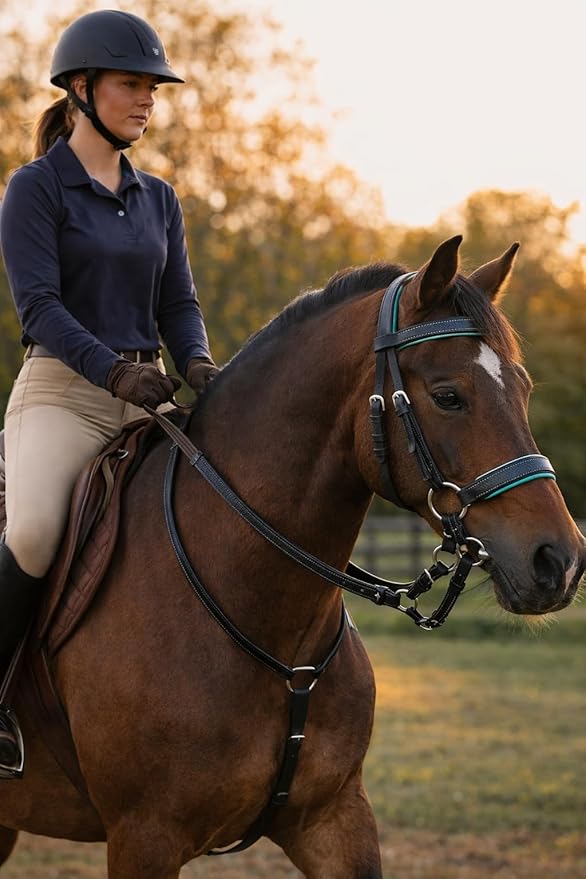 CHALLENGER Horse Western Leather Teal Padded Bitless Sidepull Bridle Reins 77RS33TL-F