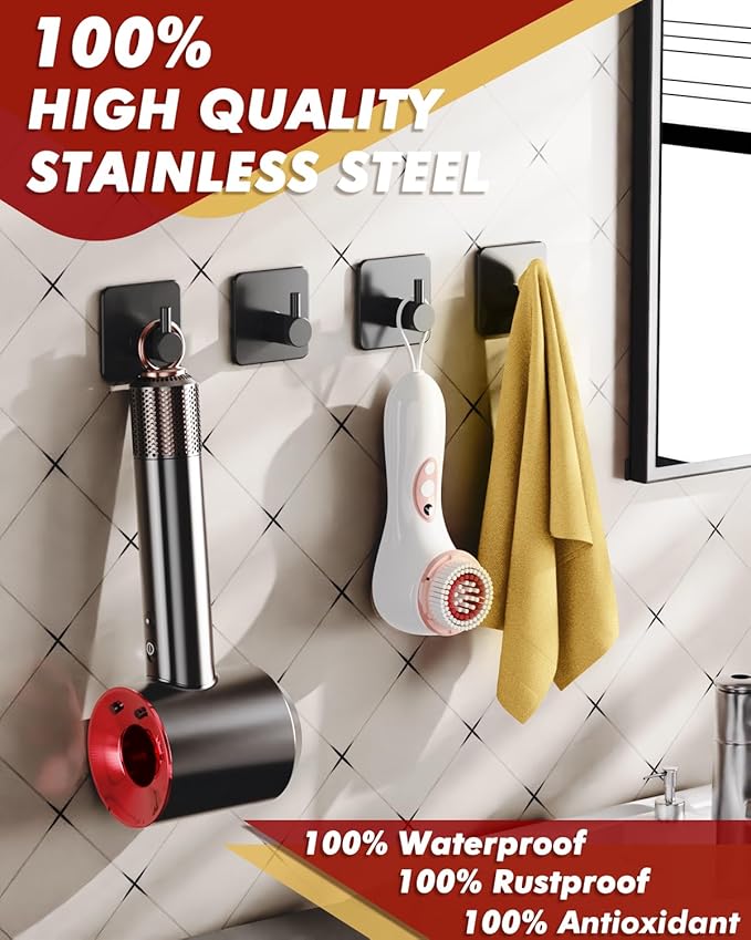 Auxmir Adhesive Hooks Heavy Duty 22lb(Max) Towel Hooks for Shower, 5 Pack Self Adhesive Damage Free Wall Hooks, Stainless Steel for Coat Robe, Waterproof Oilproof Rustproof for Bathroom Kitchen Office