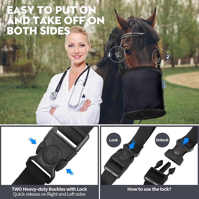 Horse Feed Bag 2 PCs, Breathable Mesh Feed Bags for Horses, Muzzle Feedbag for Feeding Grain, Anti-Spill Design Feeder, Soft Neck Pad Nose Pad, Universal Fit (Darkblue)