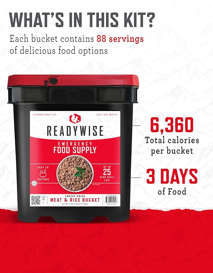 ReadyWise 非常用食料 – 88食分 肉と米のバケツ、フリーズドライプロテインミール、キャンプ用品、非常用米とサバイバル食料、災害備蓄品、最長25年保存可能