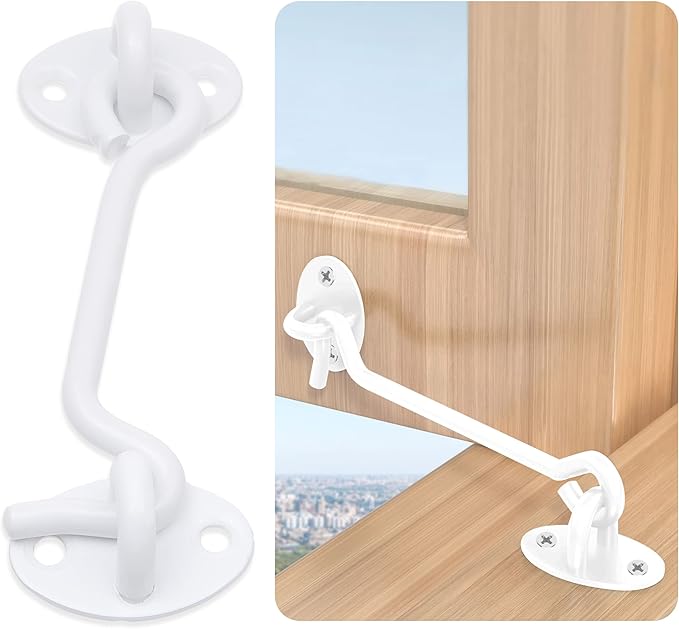 Eco-Fused 4-inch Heavy Duty Hook and Eye Latch - 2X Barn Door Lock (White), 8X Mounting Screws - Powder Coated Stainless Steel Hooks for Door, Windows, Sheds, Fences, Gates, Closets, Cabinets