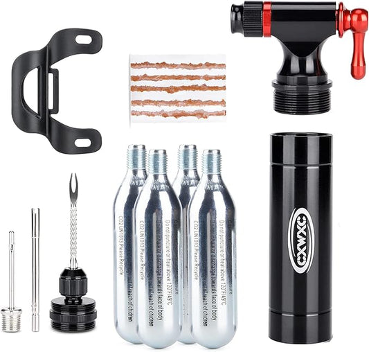 CXWXC CO2 Inflator with 4 x 16g CO2 Cartridges & Tubeless Tire Repair Kit - Presta/Schrader Valve Compatible - Bicycle Tire Pump for Road and Mountain Bikes