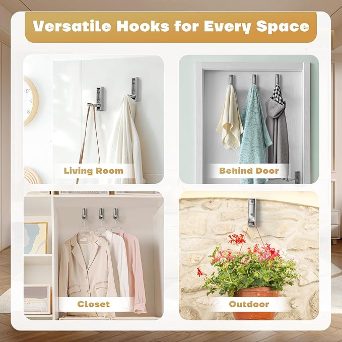 Folding Wall Hook, 4Pcs Foldable Coat Hooks Mounted, Heavy Duty Zinc Alloy No Rust Fold Up Hooks for Hanging Coat, Towel, Key, Hat, Bag, Jacket, Backpack (Brushed Nickel)