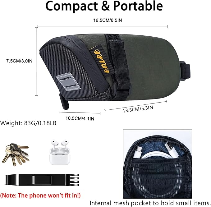 ENLEE Road Bike Saddle Bag, Waterproof Bike Seat Bag with Independent Small Item Partitions, Green Wedge Reflective Bicycle Storage Pouch Under Seat for Mountain/Road/Gravel Bikes, Small Size