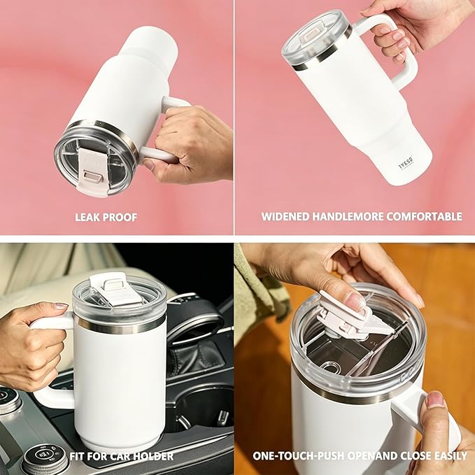 TYESO Vacuum Insulated Tumbler Water Bottle Cold Insulation Stainless Steel Bottle Straw Handle Mug Double Wall Wide Mouth (White, 40 oz)