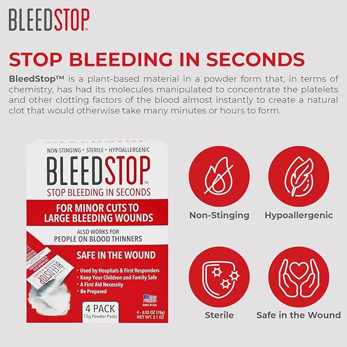 BleedStop応急処置止血パウダー – 重度の傷や鼻血に素早く血液凝固、150g – 血液凝固阻止薬服用中の患者にも安全