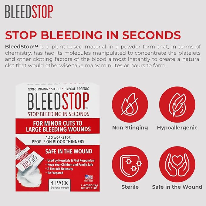 BleedStop™ 応急処置止血パウダー、外傷キット、血液凝固阻止剤服用者、キャンプの安全、中程度から重度の出血創傷または鼻血用サバイバル用品 – 4袋入り (15g)