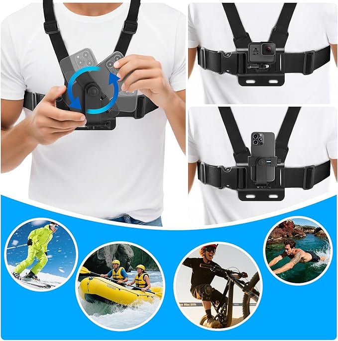 Chest & Head Mount Kit for Action Cameras and Smartphones – Hands-Free POV Recording for GoPro, Insta360, DJI Osmo, AKASO, SJCAM, CAMPARK, Crosstour, APEMAN, WOLFANG, Apexcam, COOAU, Surfola
