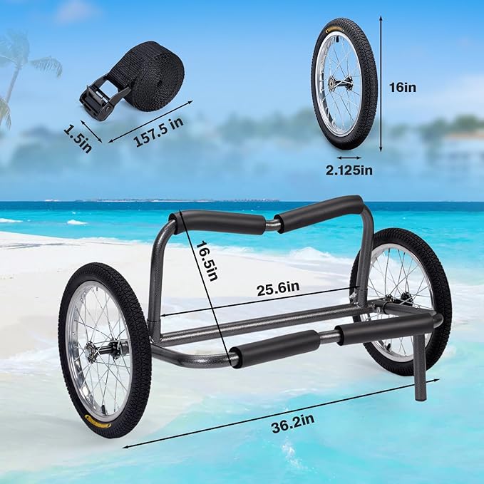 Kayak Beach Cart, SUP Cart,Width Adjustable Universal Canoe Dolly Heavy Duty Kayak Trolley with 16" Wheels, Sturdy 300 LBS Weight Capacity