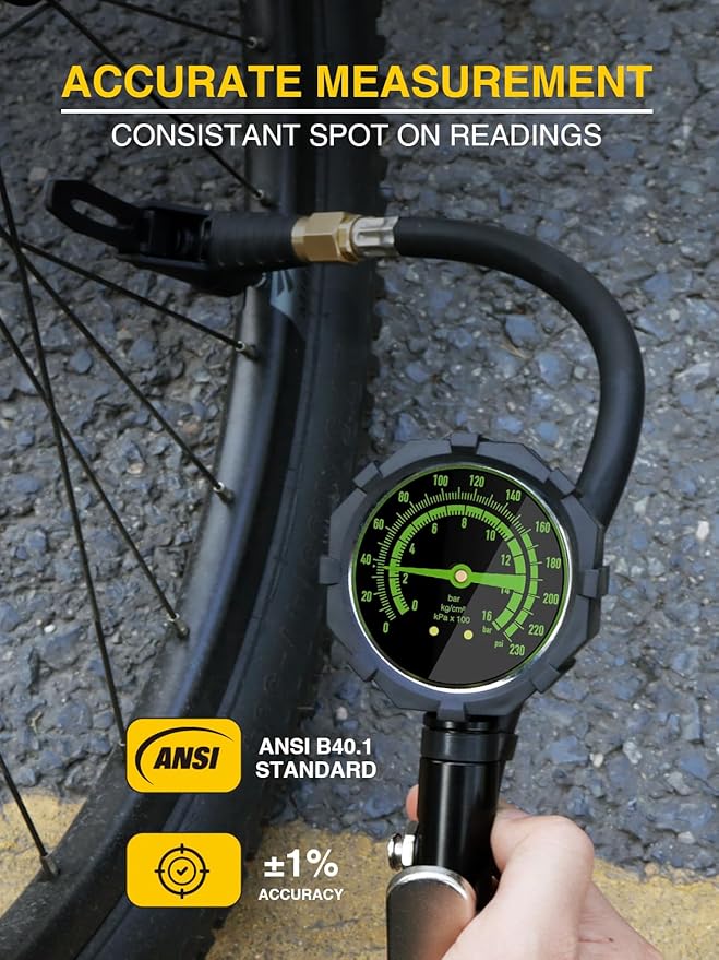 AZUNO Bike Tire Inflator with Pressure Gauge, New Upgrade Presta Valve Adapter for Air Compressor, Presta Valve Air Chuck, Universal Presta and Schrader Air Compressor Tool, with Storage Box