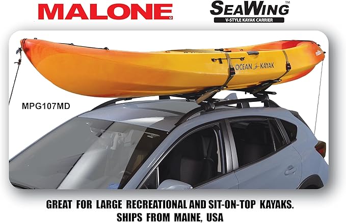 Malone SeaWing Saddle Style Universal Car Roof Rack Kayak Carrier with Bow & Stern Tie-Downs – 70 lb Capacity, V-Style Cradles, No-Tool Install, Jawz Mount, Corrosion-Resistant Nylon
