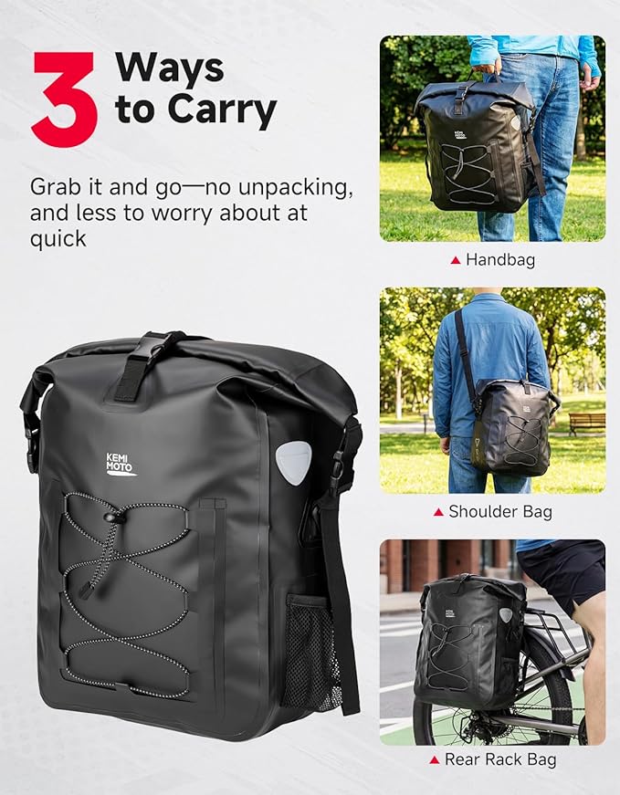 KEMIMOTO Bike Pannier Waterproof, 30L Heavy-Duty Bicycle Saddle Bag for Rear Rack, Side Bag with Laptop Compartment & Reflective, PVC Air-Tight Material – Commuting Touring Grocery Shoulder Carry
