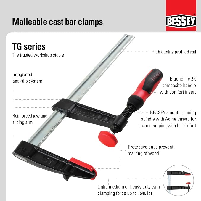 BESSEY TG7.016+2K F-style Clamp (7 In. x 16 In.) 1320 lb. Clamping Force, Replaceable Pads, Bar Clamp for Woodworking, Carpentry, DIY & Home Improvement Projects