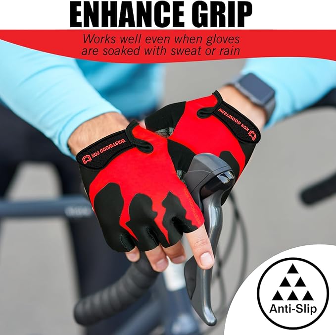 WESTWOOD FOX Cycling Gloves Half Finger Unisex Padded Grips Palm Bicycle Summer MTB Bike Gloves for Men Women Non-Slip Fingerless Short Mountain Bike Sports Hiking Climbing Gym