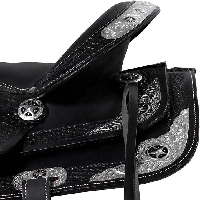 Barrel Brown Western Horse Trail Saddle Set Leather Horse Saddle with Headstall, Breast Collar Combo Rodeo Cowboy Riding Equestrian Comfortable Ride Black Saddle Tack Set