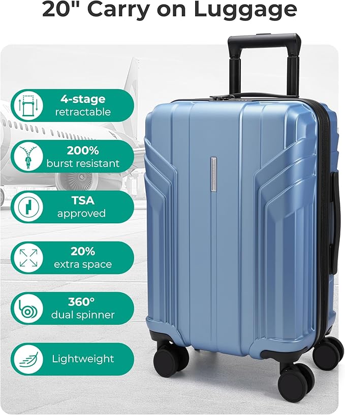 BAGSMART 拡張可能機内持ち込みスーツケース 22x14x9 航空会社承認、100% PC軽量ハードシェル、20インチ旅行用スーツケース（スピナーホイール付き）、防水キャリーケース、ブルー
