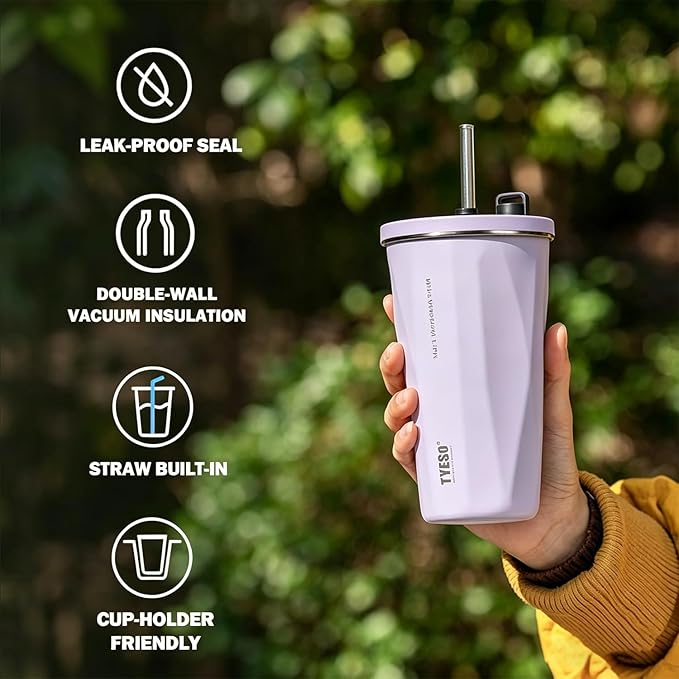 TYESO Stainless Steel Tumbler with straw inside Stainless steel wide-mouth vacuum insulation home office outdoor multi-color thermal insulation and cold insulation cover with 20oz (Purple, 20 oz)