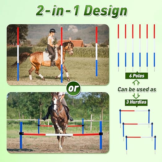 6 Pcs Pole Bending Poles for Horses,6FT Adjustable Equestrian Training Equipment for Horses,Agility Poles for Horses,Soccer & Dog,Red, White, Blue