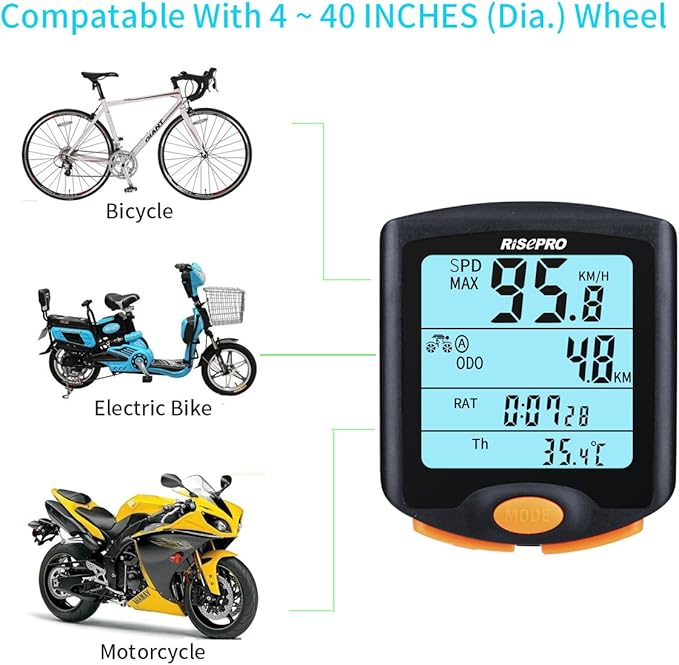 Bike Computer, RISEPRO® Wireless Bicycle Speedometer Bike Odometer Cycling Multi Function Waterproof 4 Line Display with Backlight YT-813