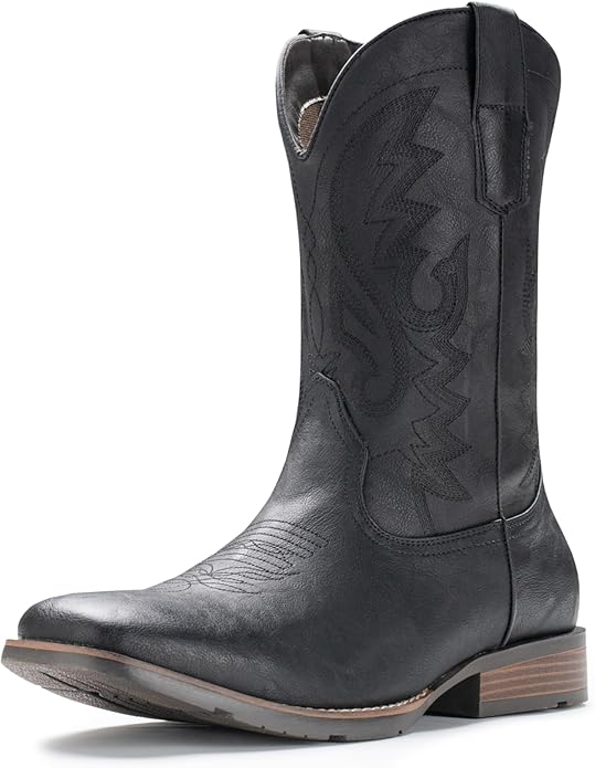 IUV Cowboy Boots For Men with Wide Square Toe Western Retro Boot Durable Classic Fashionable Embroidered Pull On Slip Resistant Boots