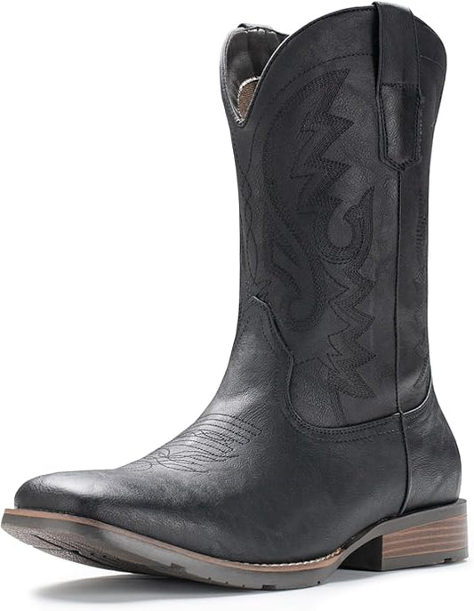 IUV Cowboy Boots For Men with Wide Square Toe Western Retro Boot Durable Classic Fashionable Embroidered Pull On Slip Resistant Boots
