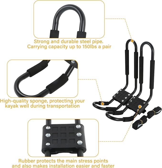 PIRIPARA Kayak Roof Rack 2 Pairs J-Bar Carrier Holder for Canoe, SUV, Cars, Truck, Surf Ski, Car Top Mount Racks for Trip, Set of 4