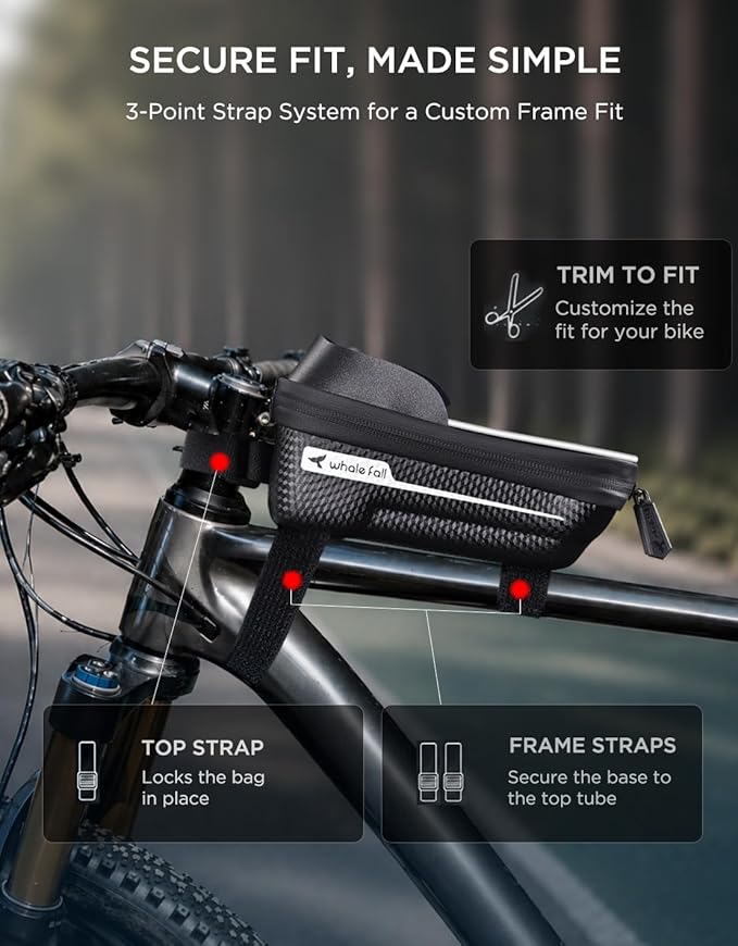 whale fall Hard Casing Bike Bag, Bike Accessories for Adult Bikes, Gifts for Men, Mens Gifts for Birthday,Bicycle Enthusiasts,Sturdy/Lighter/Waterproof, 4” - 7” Cellphone, Black-Reflective Strip