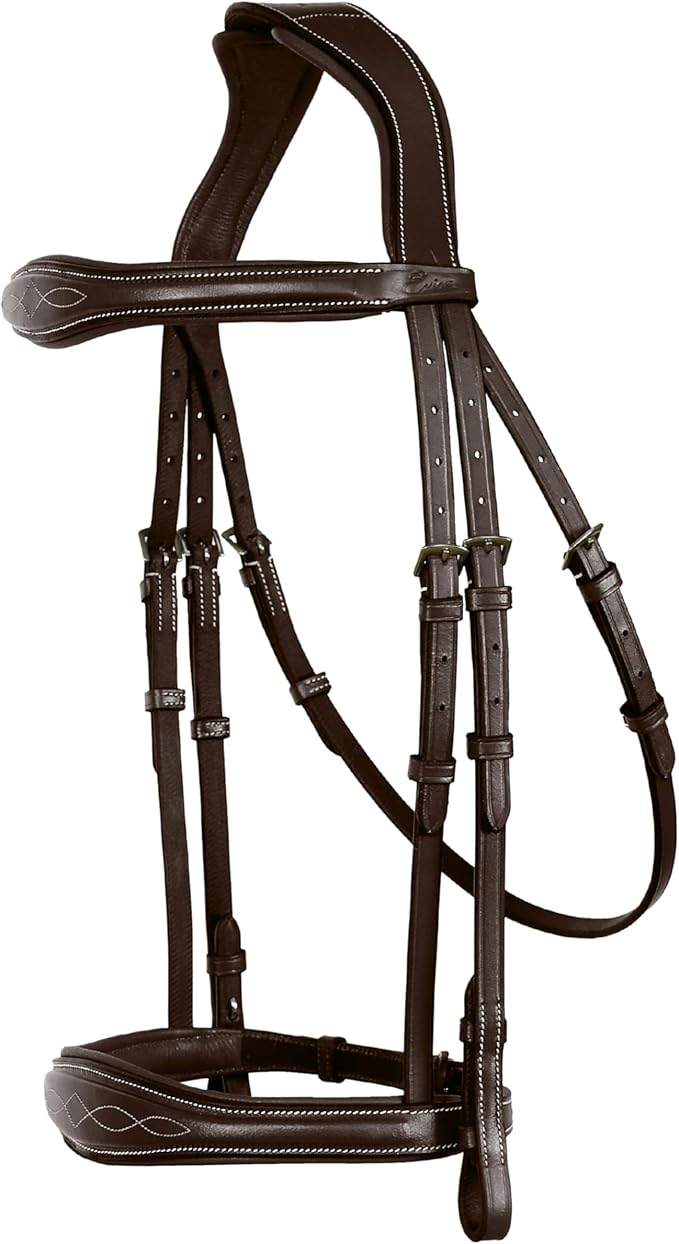 Exion Hunter Anatomic English Bridle – Padded Fancy Stitched Leather Bridle with Rubber Reins – Ergonomic Poll Relief Crownpiece for Show Jumping & Eventing – Stainless Steel – Havana Brown