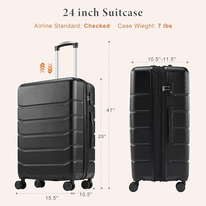 Sweetcrispy 25IN Carry on Luggage, Expandable Hard Shell ABS Suitcase with 360° Swivel Wheels, TSA Lock, Lightweight, Bronze Black