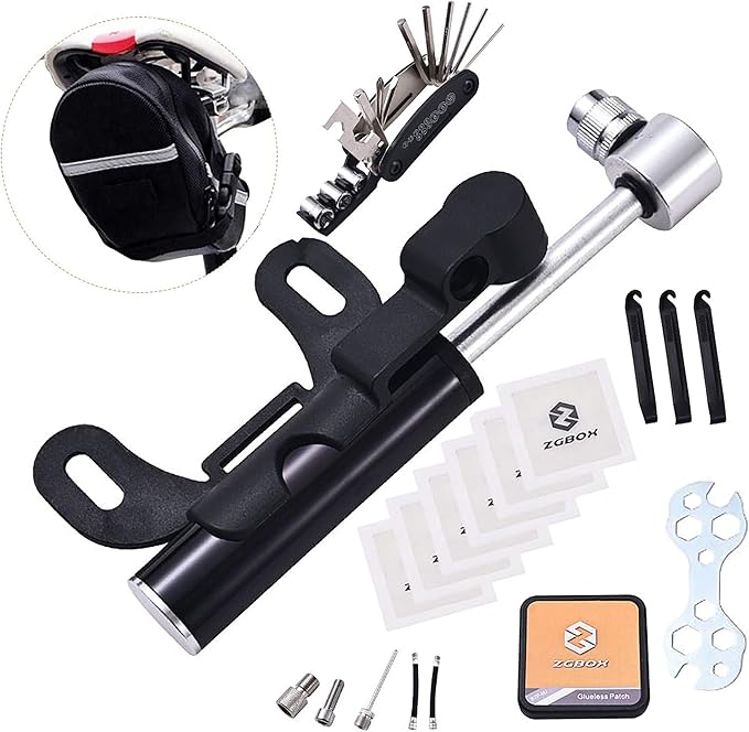 Multi-Function Bike Bicycle Cycling Mechanic Repair Tool Kits with 16-in-1, Bicycle Saddle Bag, Mini Bike Pump 120 PSI & Glue-Less Puncture Kit, Mechanic Portable Tools Bag with All in one