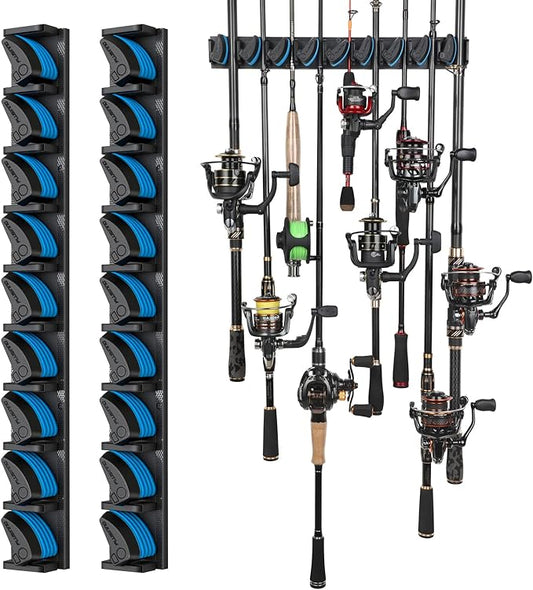 PLUSINNO 2 pack Vertical Fishing Rod rack, Wall Mounted Fishing Rod holder, 2 Packs Fishing Pole Holders Hold Up to 18 Rods or Combos, Fishing rod holders for garage, Fishing Gear and Gifts for Men