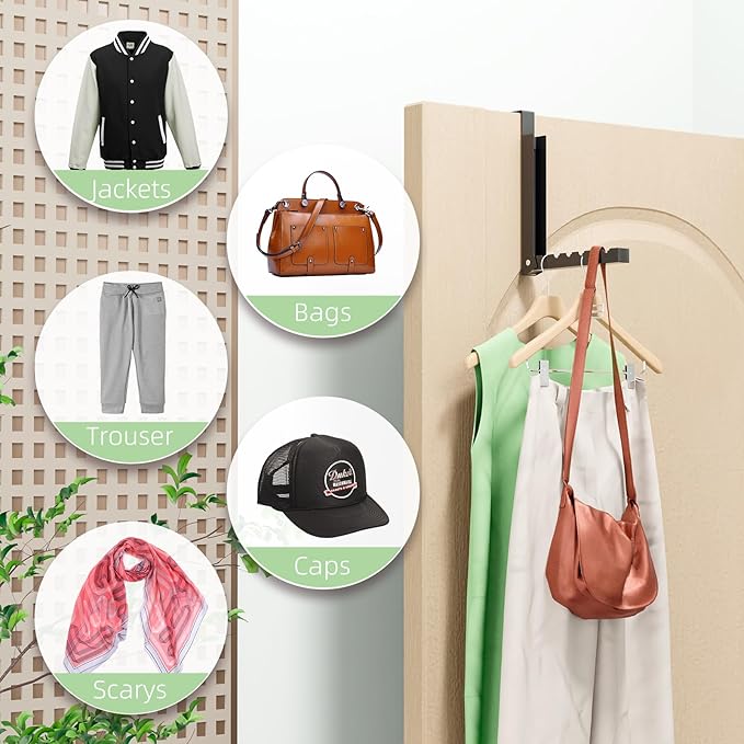 Over The Door Hooks, Extended Over The Door Storage Hook,Space-Saving Over The Door Rack,Door Hooks for Hanging Clothes,Larger Capacity Over The Door Hanger (4, BK-Black)