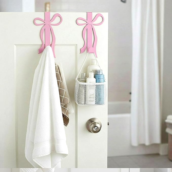 Chunful 2 Pack Bow Over The Door Hook, Metal Strong Door Hanger Hook Coquette Room Decor Bow Accessories for Cabinet Living Room Bathroom Bedroom Kitchen Hanging Clothes Towels Hats Coats Bags (Pink)