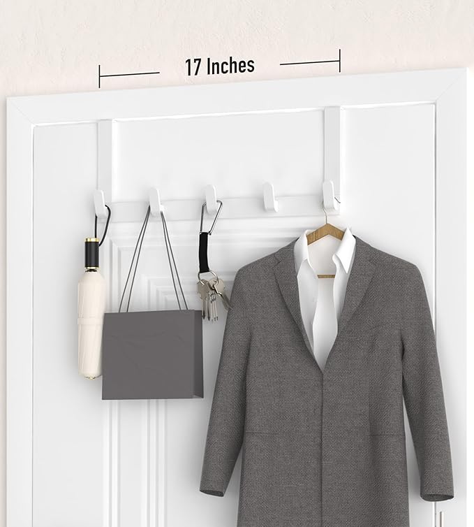 KitchLife Over The Door Hooks - Heavy Duty 5-Hook Organizer, 80lb Total Capacity for Robes, Coats & Towels, Fits 1 3/4" Doors, L18U, Gap-Free & Scratch-Free Design, Glossy White,1-Pack