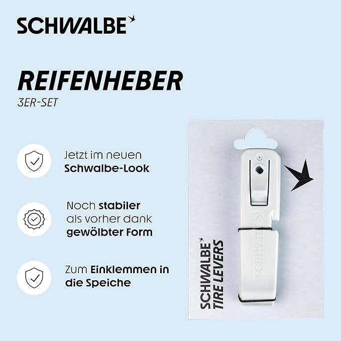 Schwalbe Reifenheber Fahrrad - 3er Set Fahrrad Reifenheber – 3in1 Fahrrad Werkzeug, Montierhebel mit integrierter Klemmfunktion und SV Ventilschlüssel