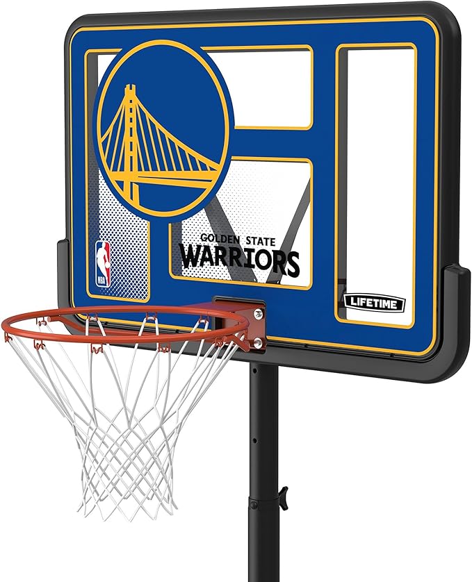 Lifetime NBA Golden State Warriors Portable Basketball Hoop, Adjustable Height 7.5-10 Ft, 44 Inch Shatterproof Fusion Backboard, Base with Wheels