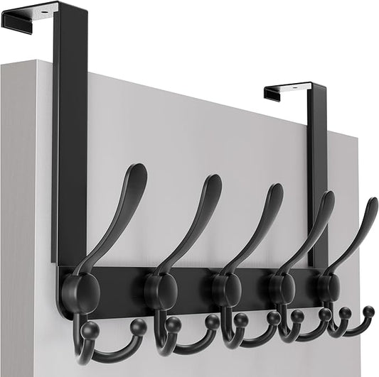SKOLOO Over The Door Hook - for Doors up to 1-3/4'' Thickness, Metal Door Hanger with 5 Triple Hooks, Black Over The Door Hanger for Coats, Hats, Towels, Assembly Required