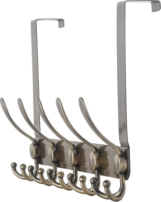 Dseap Over The Door Hook Hanger - Fits 1 3/8" to 1 3/4" Standard Doors | 5 Tri Hooks Heavy Duty Towel/Coat Rack | Door Organizer for Clothes, Jackets, Hats, Towels, Bronze