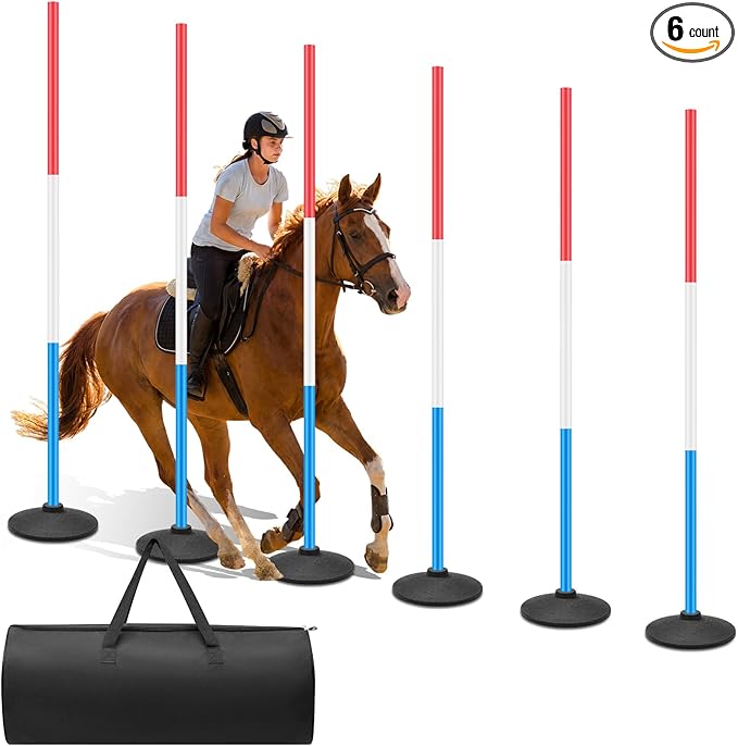 6 Pcs 6ft Pole Bending Poles for Horses, Heavy Duty Agility Poles Adjustable Equestrian Sports Training Equipment with Weighted Rubber Base for Horses, Soccer, Football, Dog