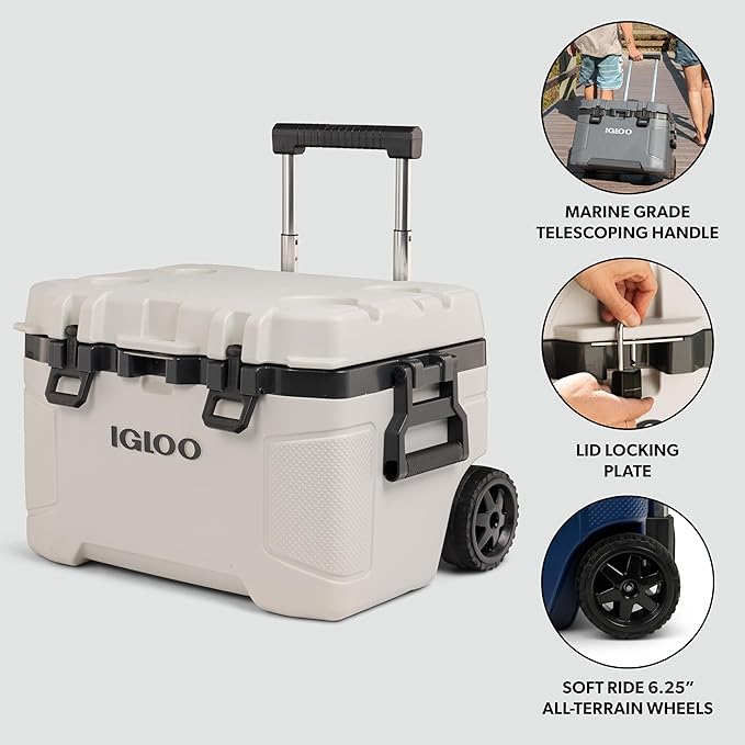 Igloo Trailmate 52QT ホイールクーラー、断熱ハードシェルアイスチェスト、ボーン