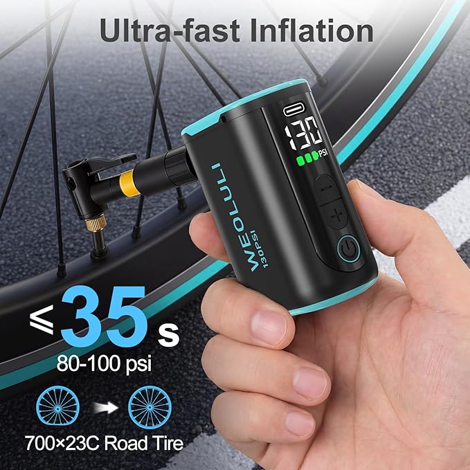 Bike Pump Electric, Mini Bicycle Pump 130 PSI Portable Cycling Pump with Digital Pressure Gauge & Auto Shut Off for Presta & Schrader Valves, Road MTB E-Bike