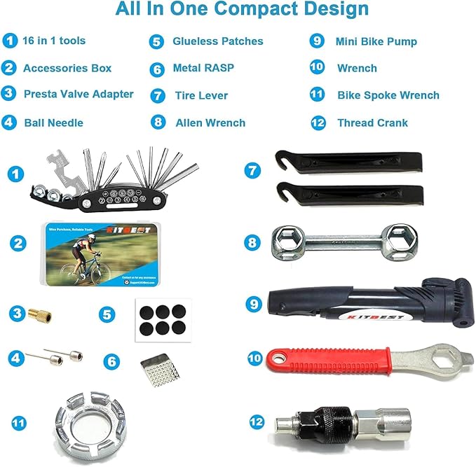 Kitbest Bike Repair Tool Kit. 100 PSI Mini Bike Pump, Tire Puncture Repair Kit, 16 in 1 Bike Multi Tool, Glueless Tire Patch Kit, Bicycle Tire Lever and Bike Bag