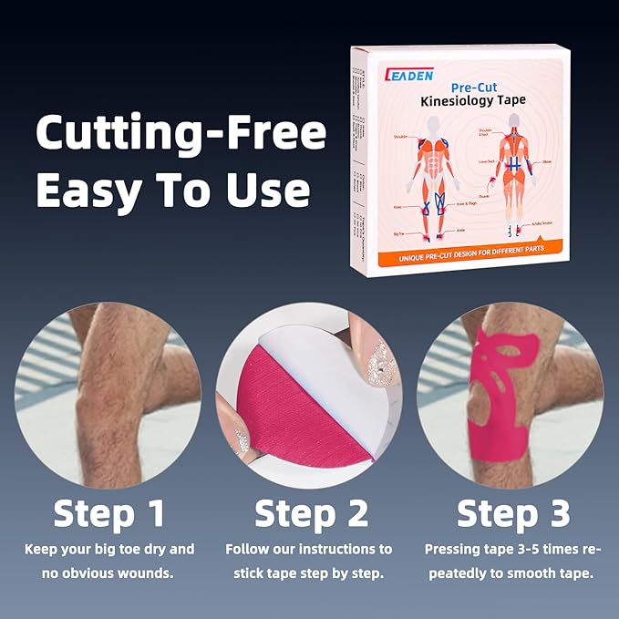IEADEN Precut Kinesiology Tape for Knees, 10 Strips - Knee Support & Stability, Knee Pain Relief Athletic Tape - Waterproof & Elastic, Breathable Hypoallergenic Latex-Free Tape, Pink