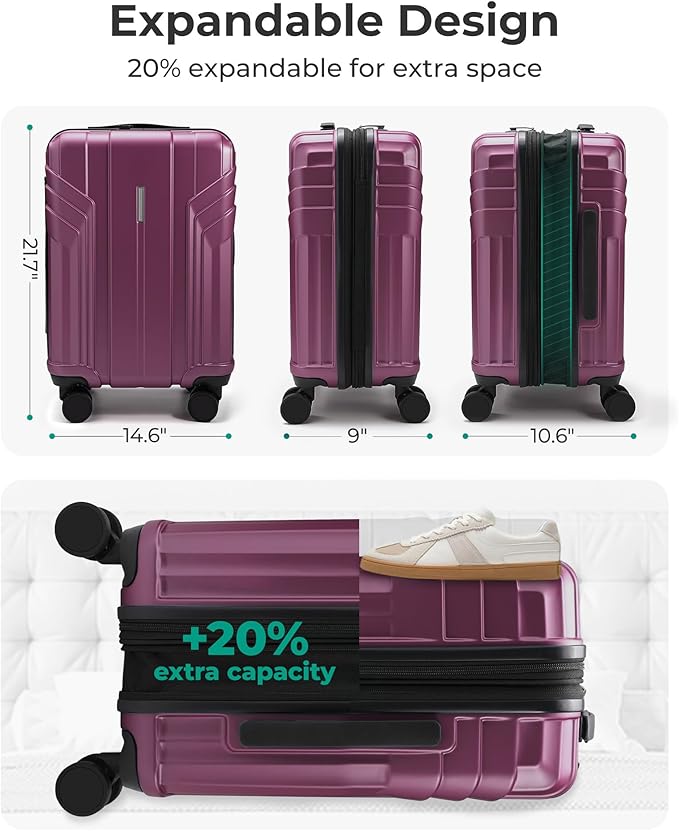 BAGSMART 拡張可能機内持ち込みスーツケース 22x14x9 航空会社承認、20インチ スピナーホイール付き旅行用スーツケース、軽量ハードシェル 機内持ち込み パープリッシュレッド