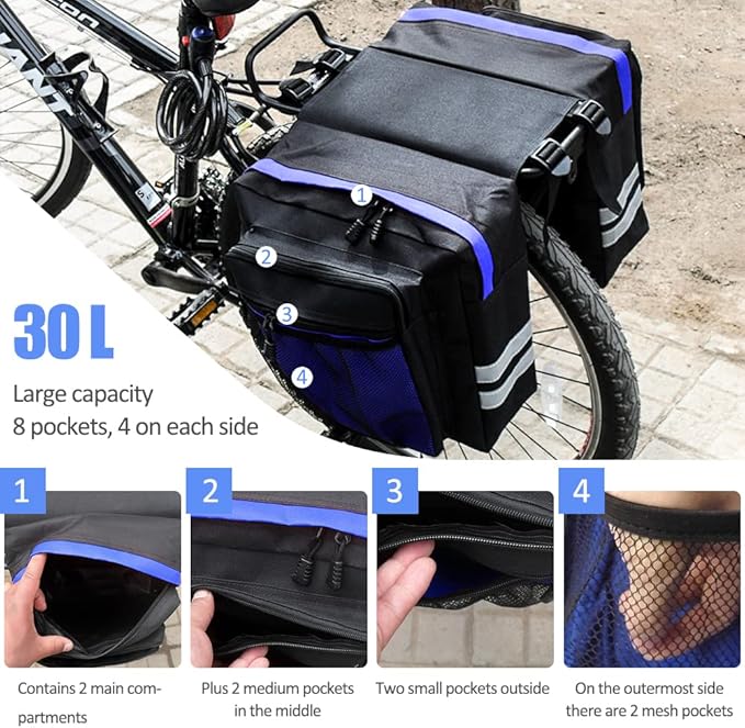 Bike Rear Rack Double Pannier Bag, 30L Waterproof Bicycle Trunk Bag, Bike Pannier Bag with Reflective Trim, for Grocery Shopping Commuter Long Cycling Trip (Blue)