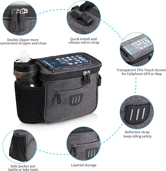 Bike Handlebar Bag,Large Bicycle Front Storage Pouch Bag,6.5 inch Transparent Pouch with Shoulder Strap