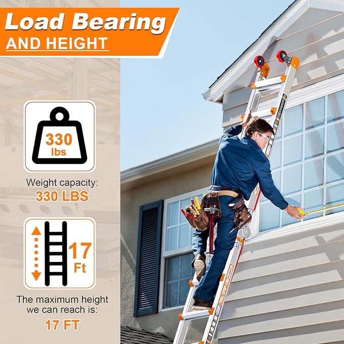Telescoping A-Frame Ladder- 17FT Folding Extension Ladder with Wheels & Stabilizer Bar, 330lb Security Load Multi Position Ladders for Stairs Home Indoor Outdoor Roof