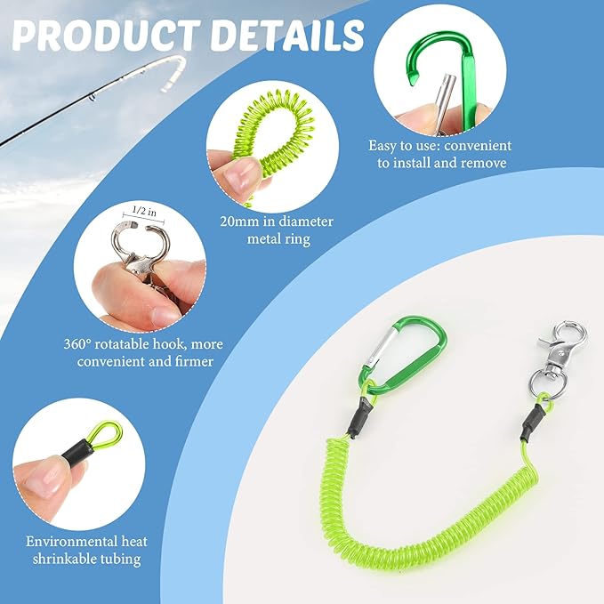 Woanger 6 Pack Fishing Lanyard Steel Wire Coiled Lanyard Tool Lanyards for Hand Tools Kayak Retractable Tool Leash Fishing Rod Safety Lanyards Gear with Alloy Clips for Pliers Boating